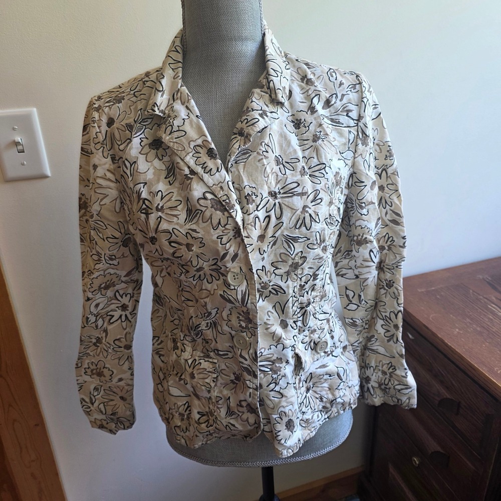 Studio Works Petite Floral Linen Cotton Blazer Tan Brown Y2K Jacket PM